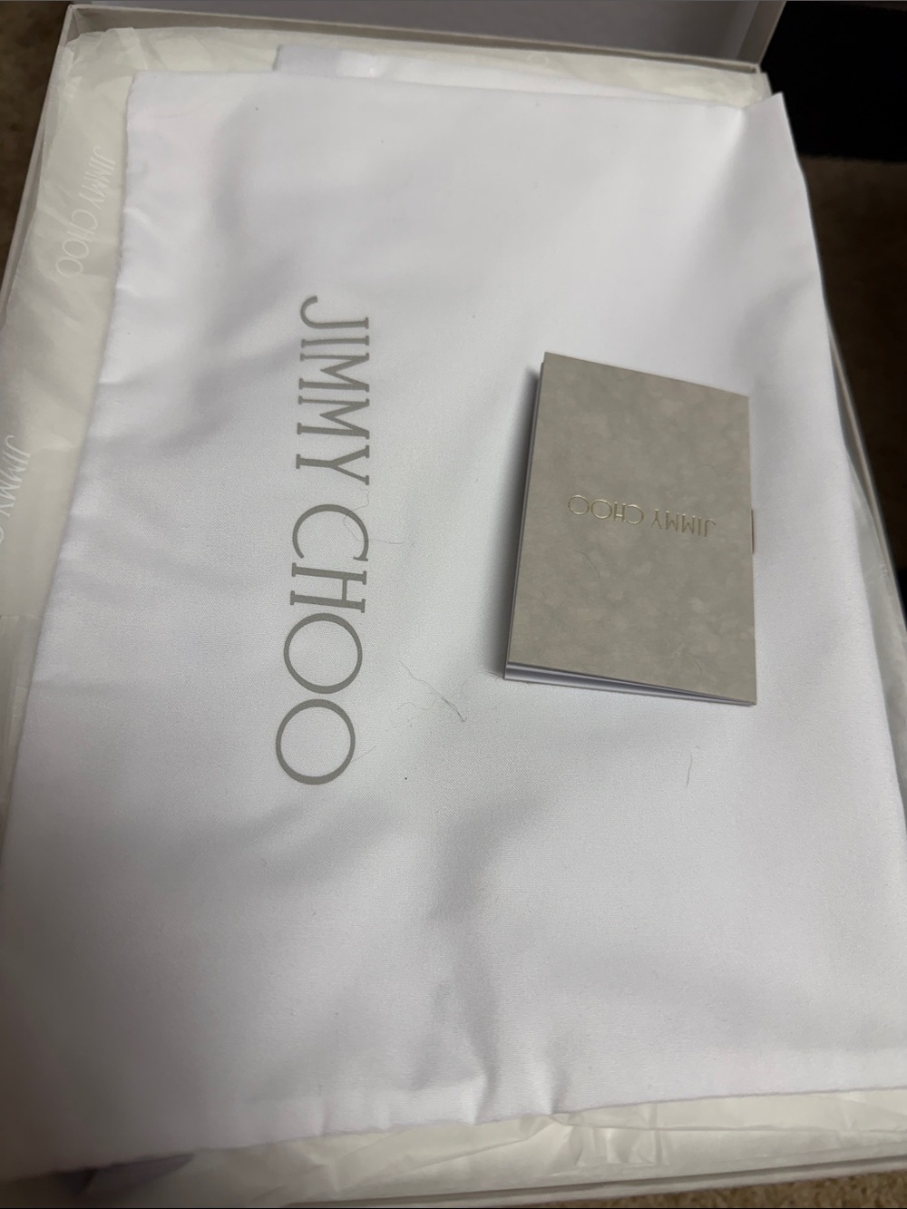 Jimmy Choo White Dust Bag with Gray Logo and Booklet